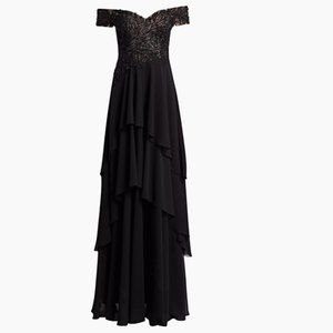 Teri Jon by Rickie Freeman | Off-Shoulder Floral Lace Tiered Gown